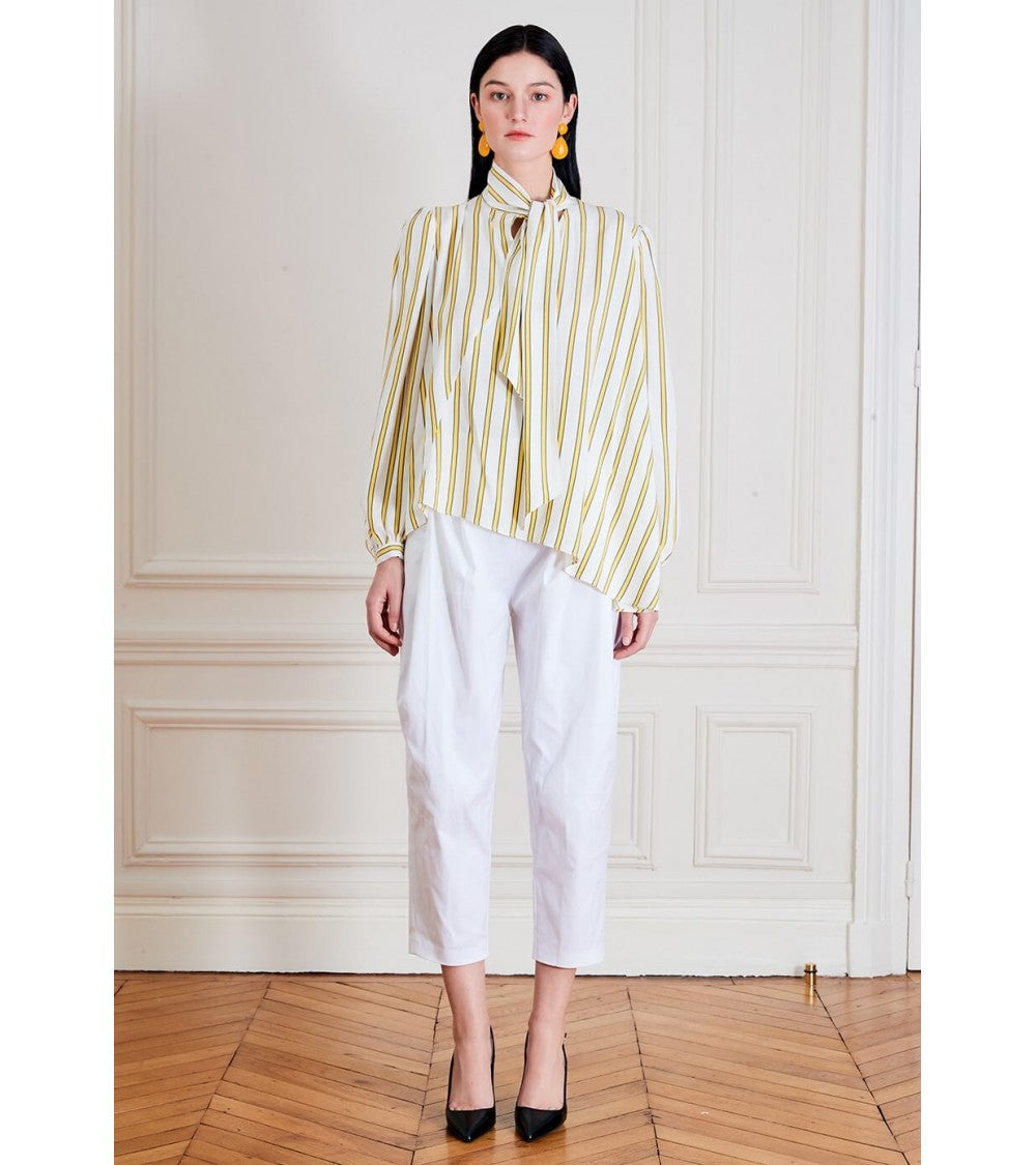 Le 608 Léa Blouse à col noué soie beige poils