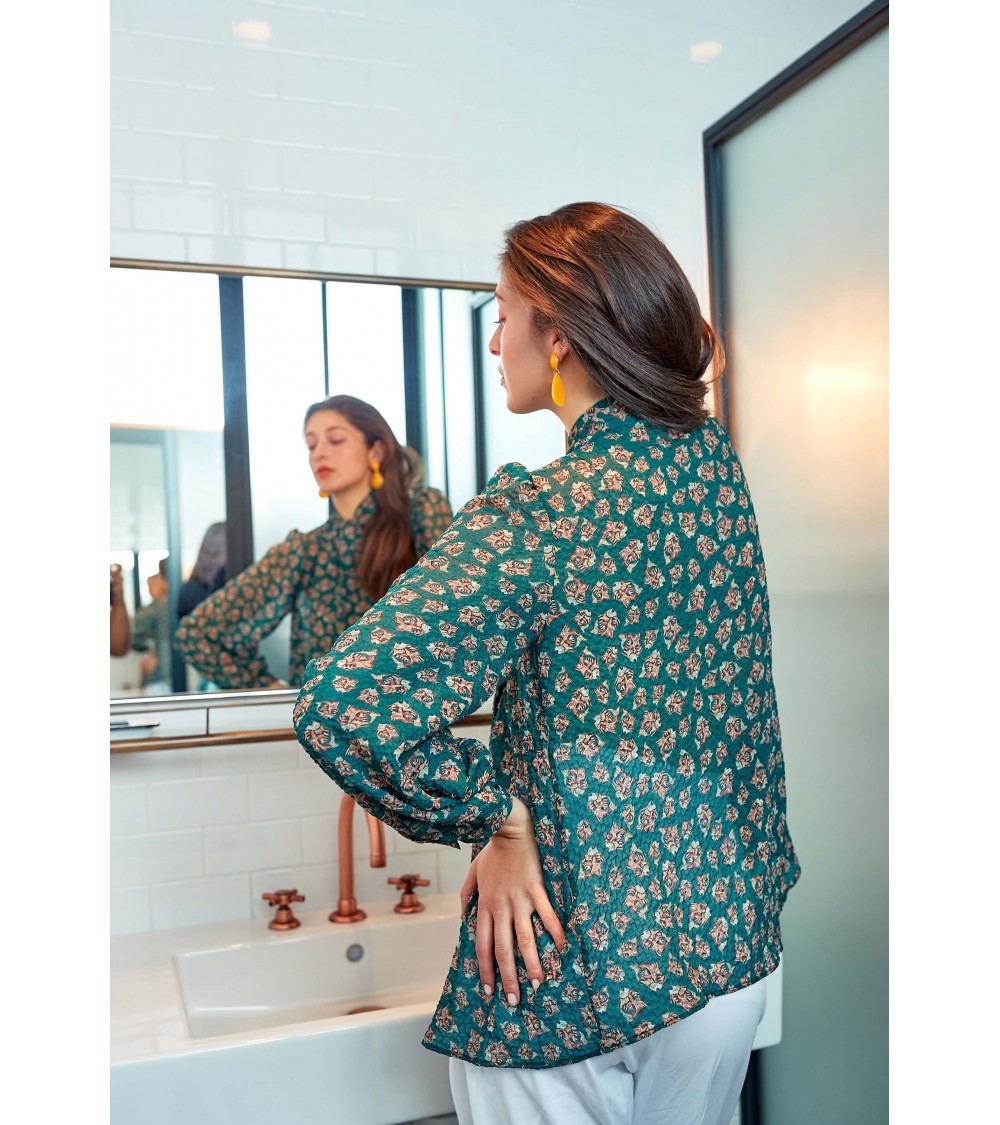 Le 608 Léa Blouse à col noué soie beige poils