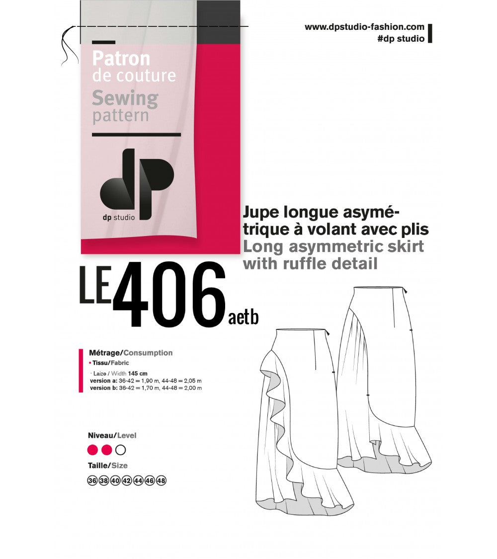 le 406a et b - Jupe longue asymétrique à volant avec plis